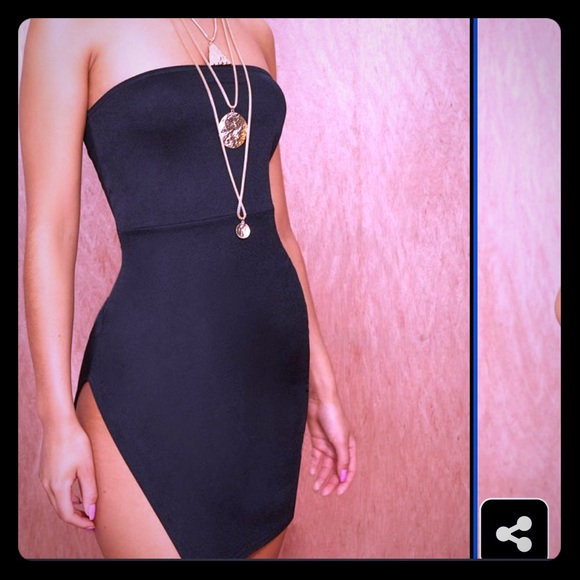 black crepe split side bandeau bodycon dress